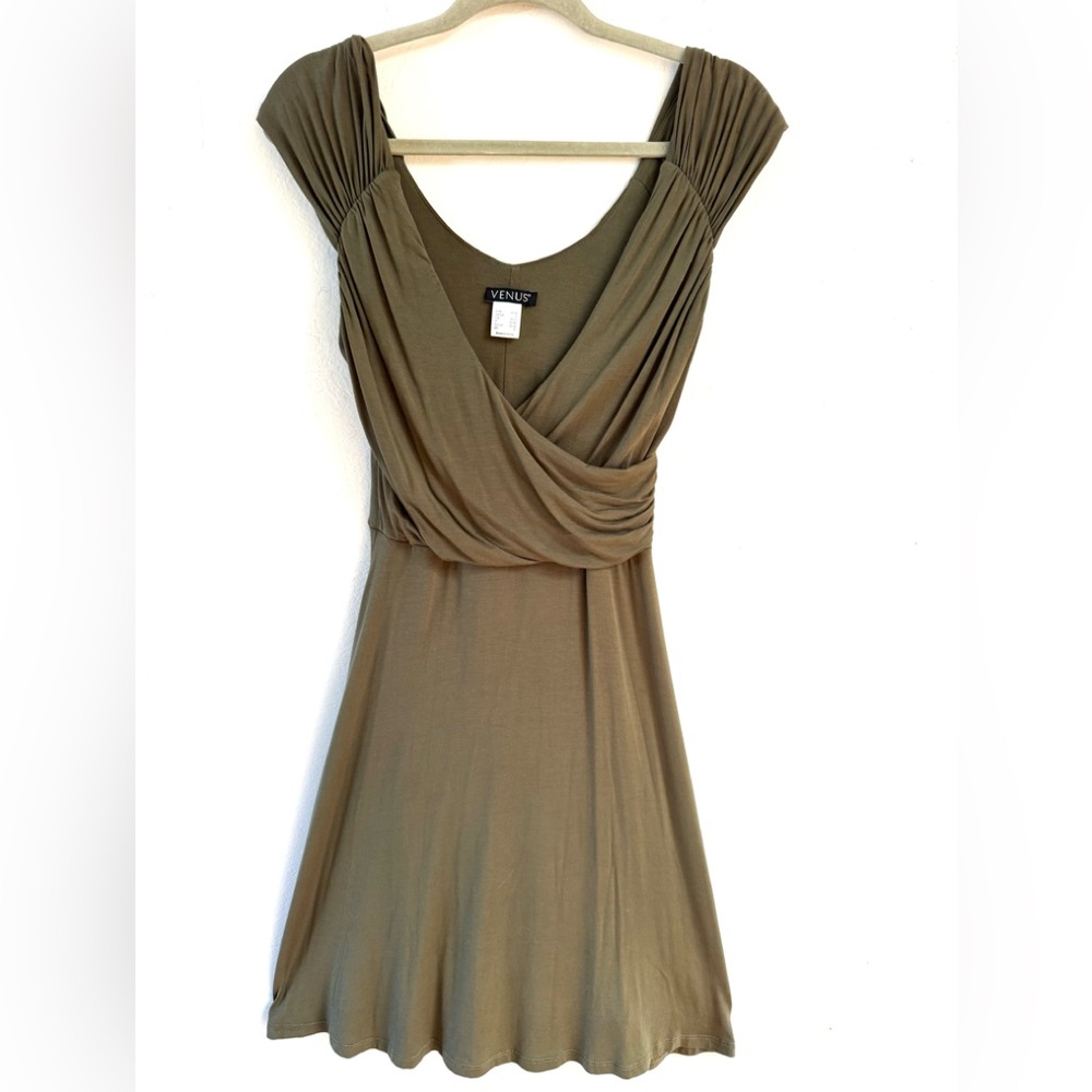 VENUS mock wrap V-neck sleeveless fit and flare mini dress size s olive green